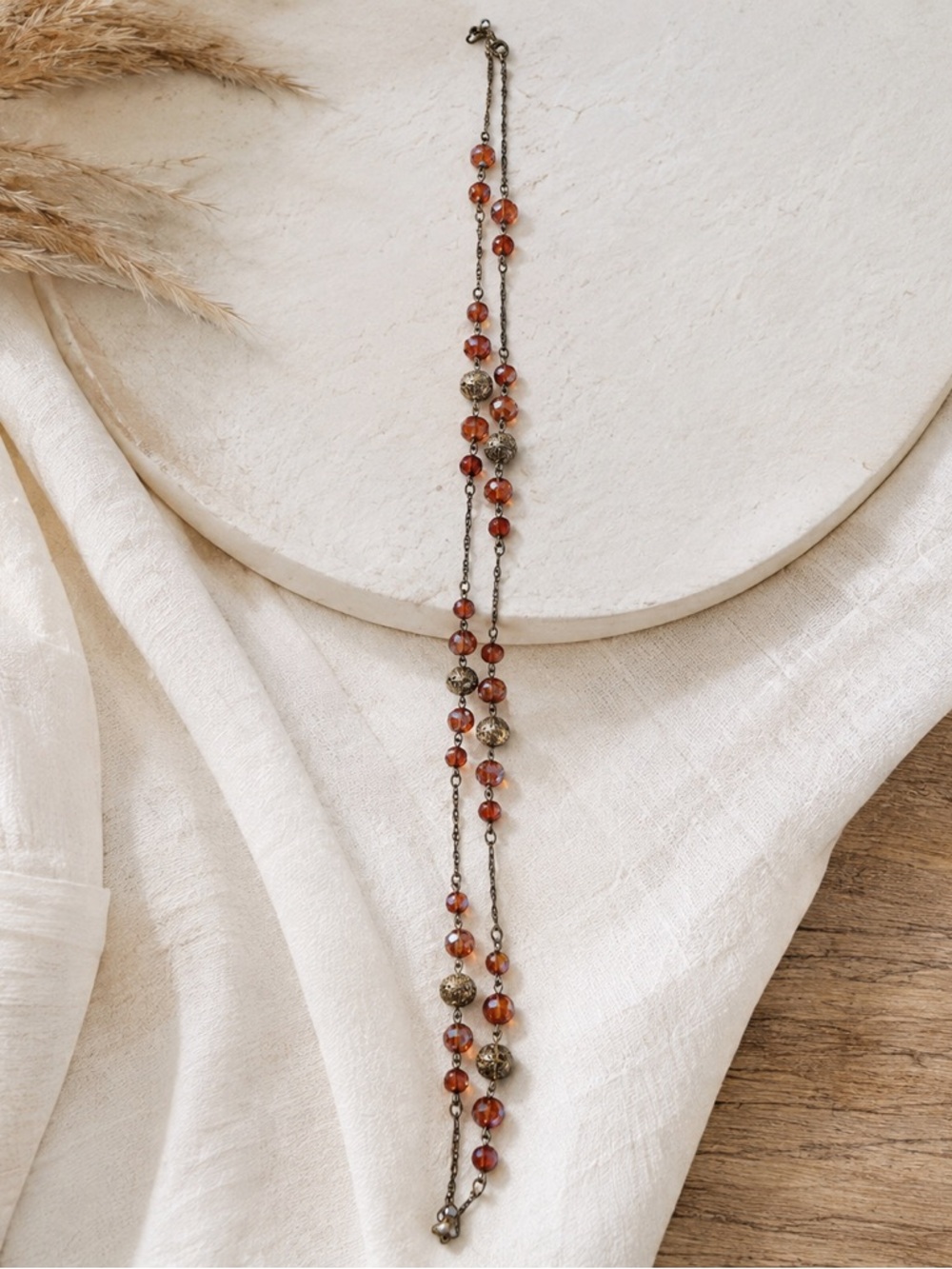 Beaded Orange Glass and Brass Long Necklace